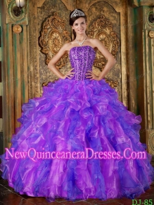 Ball Gown Strapless Organza Puffy Beading and Ruffles Quinceanera Dress in Multi-Color