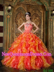 Ball Gown Strapless Organza Ruffles Pretty Sweet 15 Dresses in Orange Red