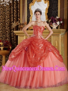 Ball Gown Sweetheart Rust Red Sequined and Tulle Handle Flowers Puffy Sweet 16 Gowns