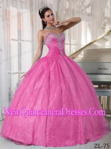 Ball Gown Sweetheart Taffeta and Organza Appliques Pretty Sweet 15 Dresses in Rose Pink