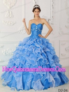 Blue A-Line Sweetheart Puffy Taffeta and Organza Beading Quinceanera Dress