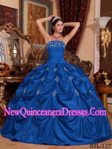 Blue Ball Gown Strapless Floor-length Taffeta Appliques Quinceanera Dress