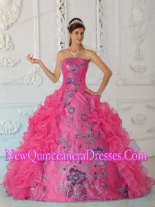 Exquisite Ball Gown Strapless Embroidery Hot Pink Puffy Sweet 16 Gowns