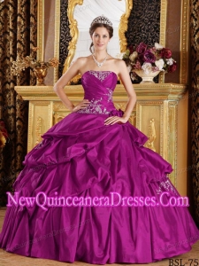 Fuchsia Strapless Ball Gown Floor-length Taffeta Appliques Popular Quinceanera Gowns