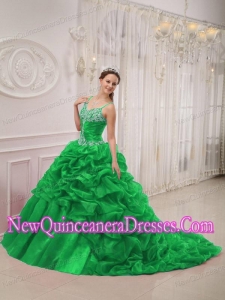 Green Ball Gown Spaghetti Straps Court Train Organza Beading Popular Quinceanera Gowns