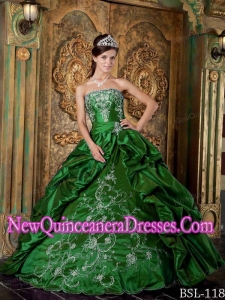Green Puffy Strapless Floor-length Taffeta Quinceanera Dress with Embroidery