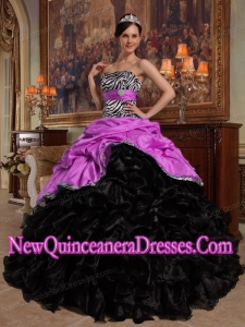 Hot Pink and Black Sweetheart Pick-ups Taffeta and Organza Puffy Sweet 16 Gowns