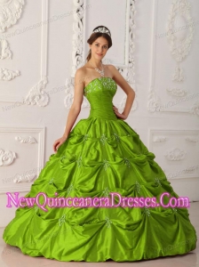 Olive Green Ball Gown Strapless Floor-length Taffeta Appliques and Beading Popular Quinceanera Gowns