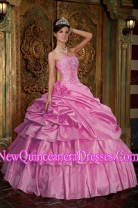 Pink Ball Gown Strapless Floor-length Organza Beading Quinceanera Dress