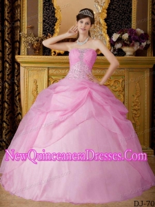 Pink Puffy Strapless Floor-length Organza Quinceanera Dress with Beading