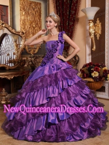 Plus Size Ball GownOne Shoulder Taffeta and Organza Hand Made Flowers Quinceanera Dresses