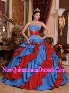 Plus Size Blue and Red Ball Gown Strapless Floor-length with Embroidery Quinceanera Dresses