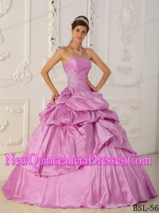 Popular A-Line / Princess Strapless Taffeta Beading Quinceanera Gowns in Rose Pink