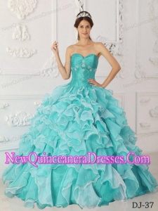 Pretty Aqua Blue A-Line Sweetheart Taffeta and Organza Beading Sweet 15 Dresses