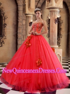 Red Ball Gown Satin and Tulle Beading Pretty Sweet 15 Dresses
