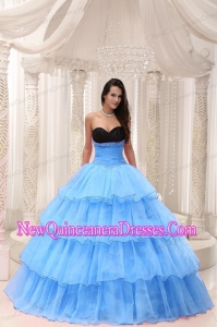 Retty Aqua Blue Sweetheart Beaded and Layers Ball Gown Quinceanera Dress Taffeta and Organza