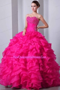 Retty Coral Red A-Line / Princess Sweetheart Floor-length Organza Beading and Ruffles Quinceanea Dress