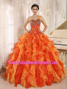 Retty Custom Made Orange One Shoulder Beaded Decorate Ruffles Quinceanera Dress In Spring