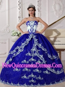 Retty Dark Blue and White Ball Gown Strapless Floor-length Organza Appliques Quinceanera Dress