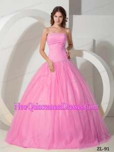 Rose Pink Strapless Tulle Beading Pretty Sweet 15 Dresses