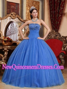 A Blue Ball Gown Strapless With Tulle Embroidery with Beading Simple Quinceanera Dresses