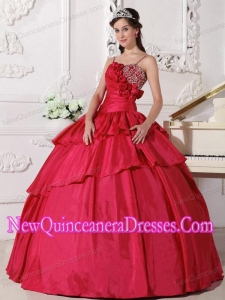 A Coral Red Ball Gown Straps Taffeta Beading Simple Quinceanera Dresses