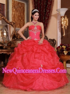 A Coral Red Ball Gown Sweetheart Organza Beading Simple Quinceanera Dresses