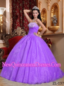 A Lavender Ball Gown Strapless With Organza Appliques Simple Quinceanera Dresses