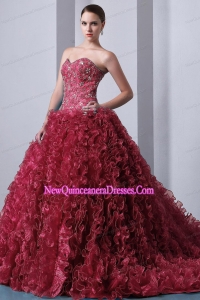 A-Line Sweetheart Brush Train Organza Beading and Ruffles Popular Quinceanera Gowns in Red