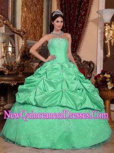 Apple Green Ball Gown Strapless Floor-length Taffeta and Organza Beading Quinceanera Dress