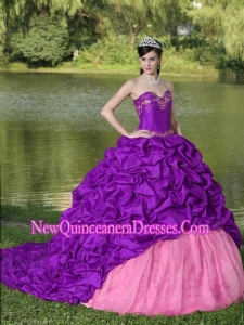 Appliques and Pick-ups Purple Brush Train Exquisite Style For 2015 Puffy Sweet 16 Gowns