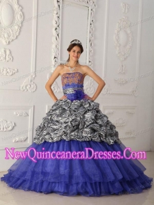 Ball Gown Chapel Train Zebra and Organza Pretty Sweet 15 Dresses in Blue