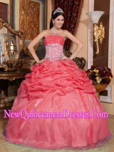 Ball Gown Strapless Floor-length Organza Appliques Puffy Sweet 16 Gowns