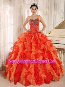 Custom Made Orange Red One Shoulder Beaded Decorate Ruffles Puffy Sweet 16 Gowns In Spring