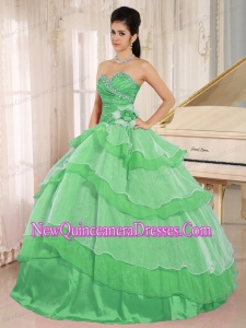 Green Sweetheart Popular Quinceanera Gowns wuth Beaded Decorate and Ruched Bodice Ruffled Layeres