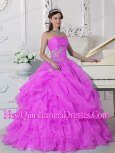 Hot Pink Ball Gown Floor-length Organza Beading Popular Quinceanera Gowns with Strapless