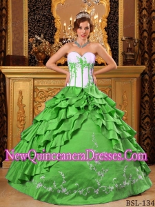 Plus Size Spring Green and White Sweetheart Ruffles with Embroidery Quinceanera Dresses