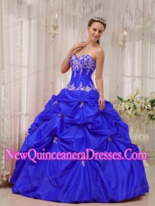 Popular Blue Ball Gown Sweetheart Floor-length Taffeta Appliques Quinceanera Gowns