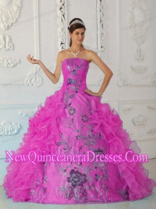 Pretty Ball Gown Strapless Floor-length Embroidery Hot Pink Sweet 15 Dresses