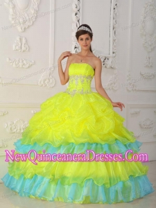 Pretty Ball Gown Strapless Organza Beading and Ruffles Sweet 15 Dresses in Yellow