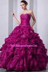 Puffy Beading and Rufffles Fuchsia Sweetheart Floor-length Organza Quinceanea Dress