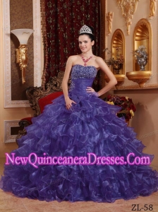 Purple Ball Gown Strapless Floor-length Organza Popular Quinceanera Gowns with Beading