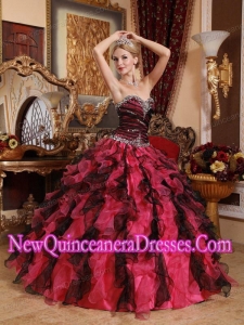 Red and Black Sweetheart Floor-length Organza Popular Quinceanera Gowns with Beading and Ruffles
