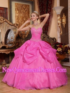 Rose Pink Ball Gown Sweetheart Floor-length Taffeta and Organza Appliques Quinceanera Dress