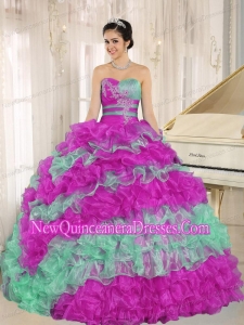 Stylish Multi-color 2015 Puffy Sweet 16 Gowns Ruffles With Appliques Sweetheart