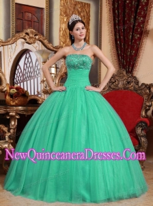 Turquoise Ball Gown Strapless Tulle Embroidery with Beading Popular Quinceanera Gowns