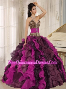 Wholesale Multi-color 2015 Puffy Sweet 16 Gowns V-neck Ruffles With Leopard and Beading