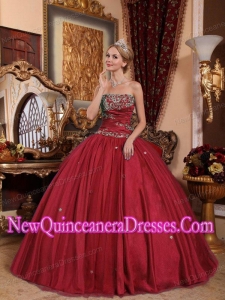 Wine Red Ball Gown Strapless Floor-length Taffeta and Tulle Appliques Quinceanera Dress
