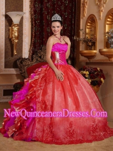 Ball Gown Strapless Ruffles and Beading Embroidery Red 2014 Quinceanera Dresses