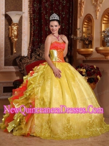 Ball Gown Strapless Rufles Organza Embroidery Gold New Style Quinceanera Dresses